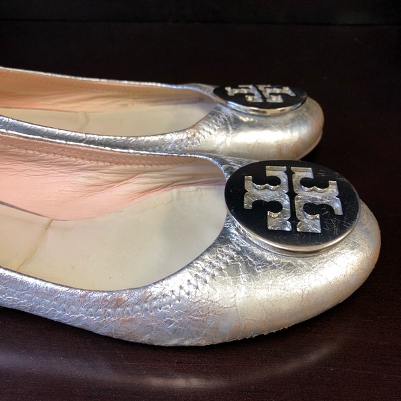 Tory Burch Reva Metallic Silver Ballet Flats Sz 7 - Picture 4 of 7